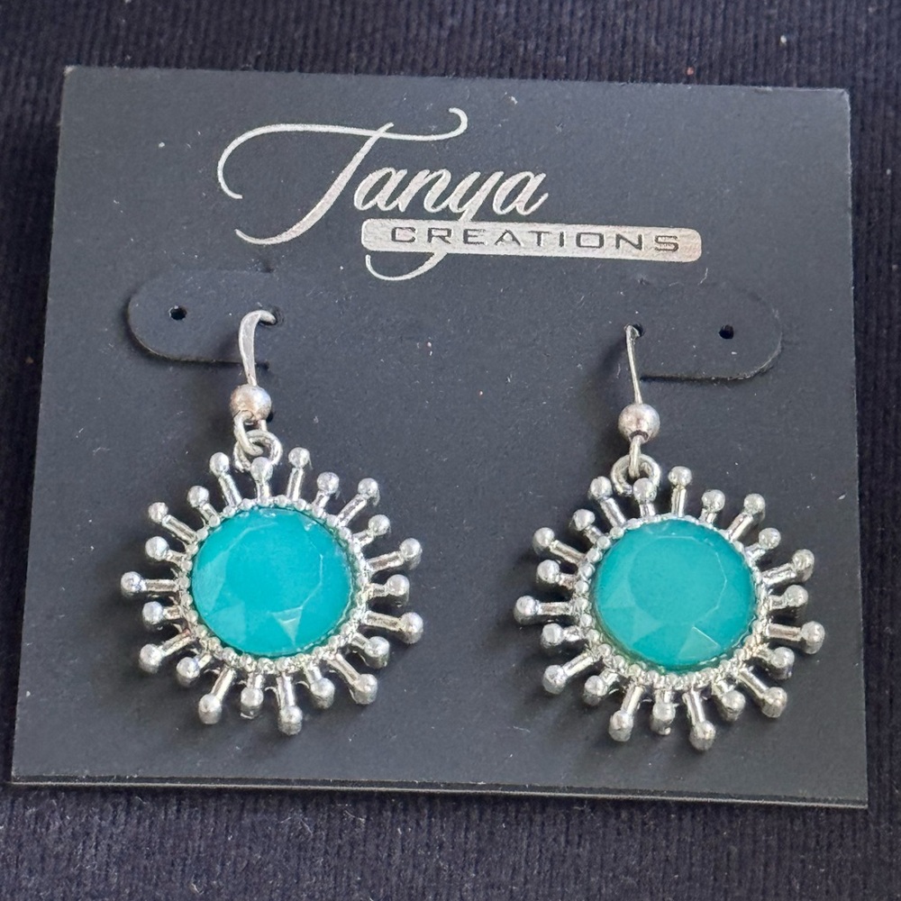 Turquoise and Silver Sunburst Earrings 1.25 inch